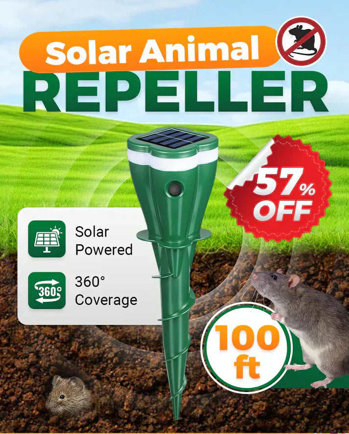 Solar powered waterproof animal repellent tool by Aurenza Shop, compact design, ideal for outdoor garden pest control.