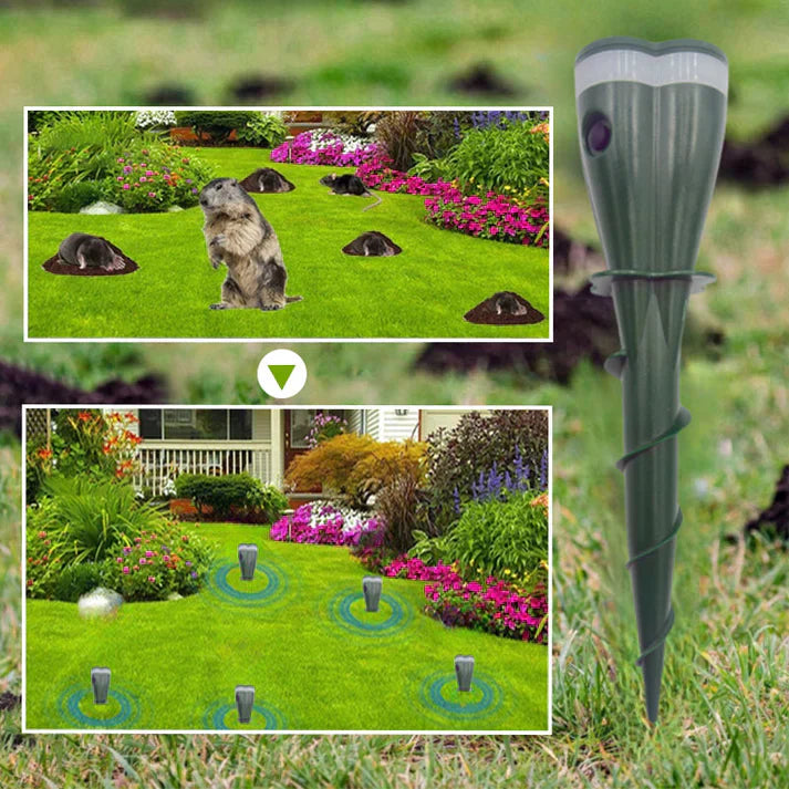 Aurenza Shop solar-powered waterproof animal repellent device for garden pest control, compact and weather-resistant.