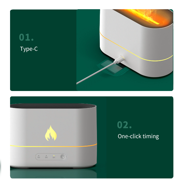 White HumidiFire™ humidifier by Aurenza Shop shown with water tank and control panel, compact and modern design