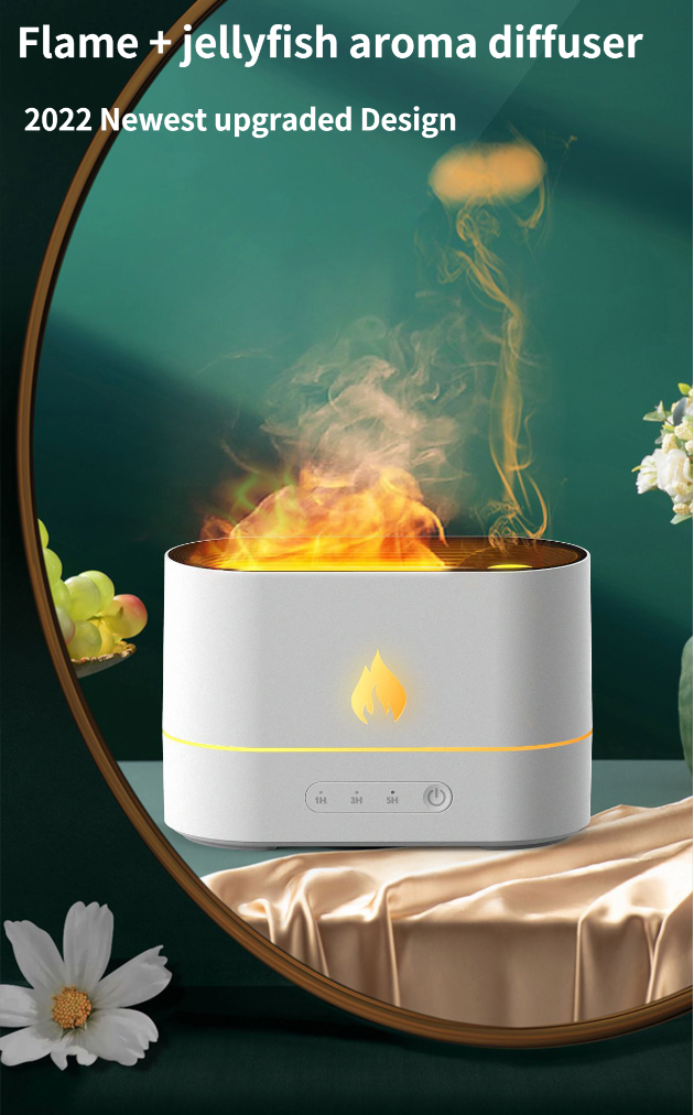 White HumidiFire™ humidifier by Aurenza Shop, showcasing its sleek design and water tank in a clean, modern setting.