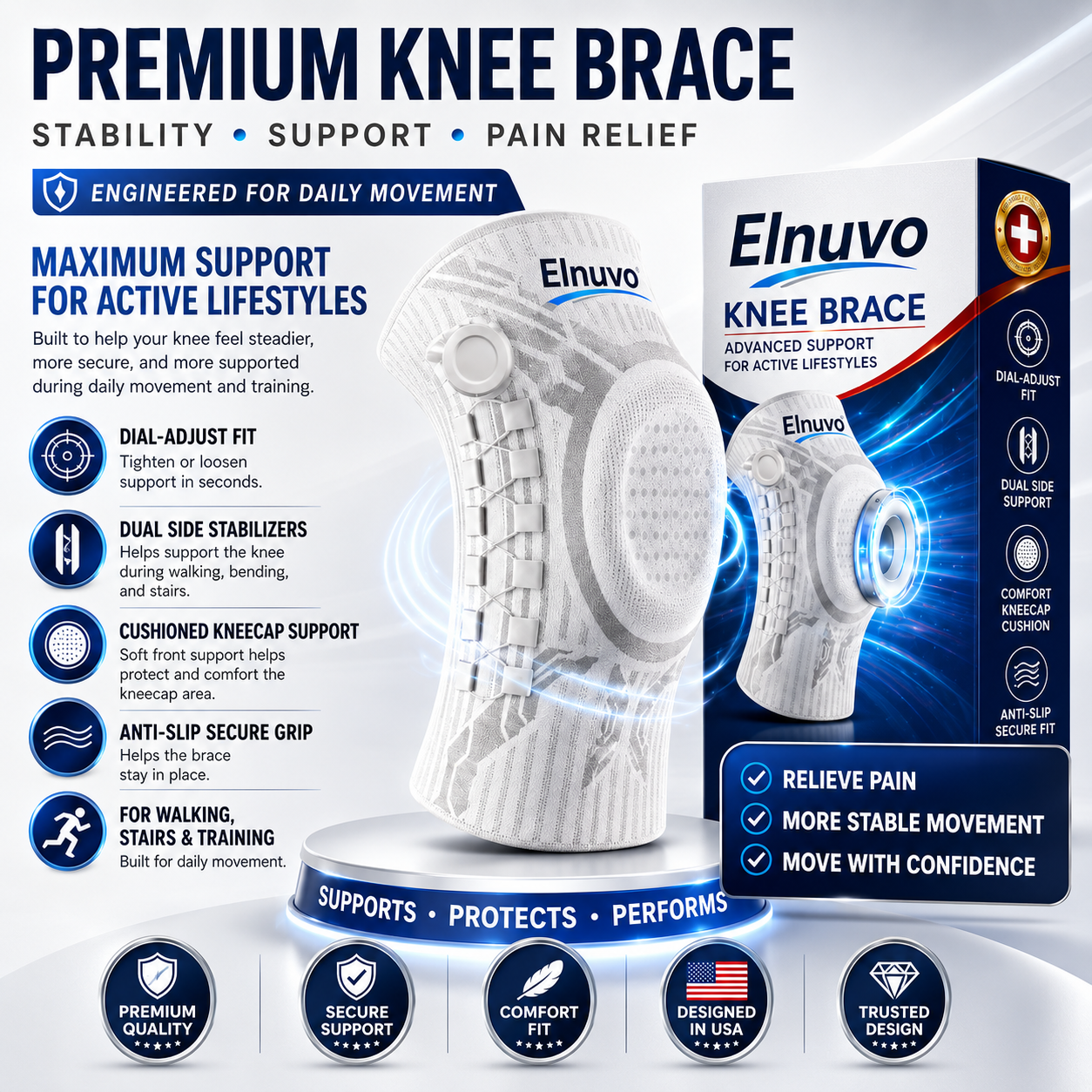 Pair of Aurenza Elnuvo Advanced Adjustable Multi-Function Sports Knee Support Braces in white, for 40-60 kg or 88-132 lbs.