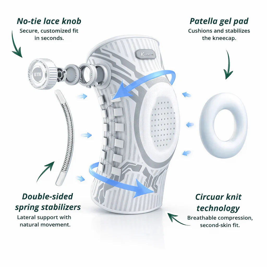 Pair of Aurenza Elnuvo Advanced Adjustable Sports Knee Support Braces in white, designed for multi-function knee stability and compression.