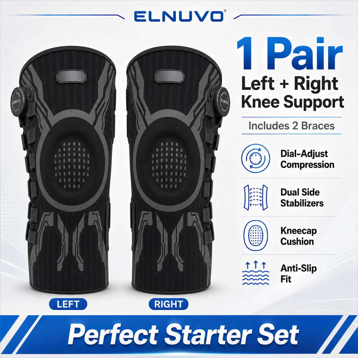 Pair of Aurenza Elnuvo Advanced Adjustable Sports Knee Support Braces for men and women, white, with adjustable straps.