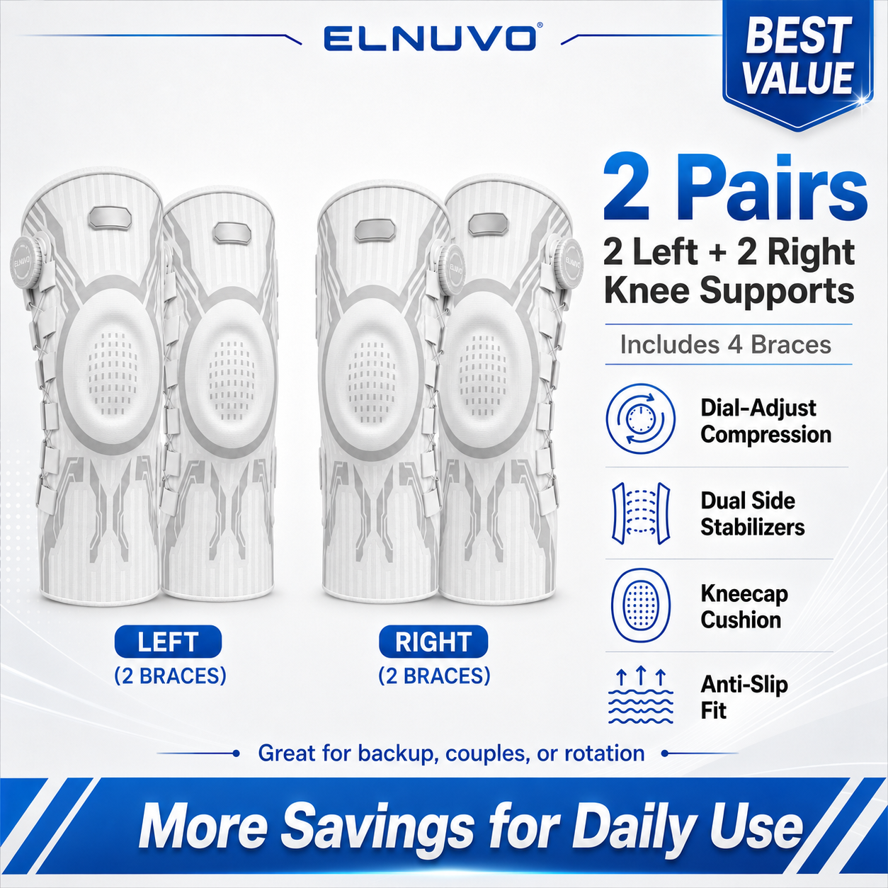 Pair of Aurenza Elnuvo Advanced Adjustable Sports Knee Support Braces showing open design and adjustable straps for stability and comfort.