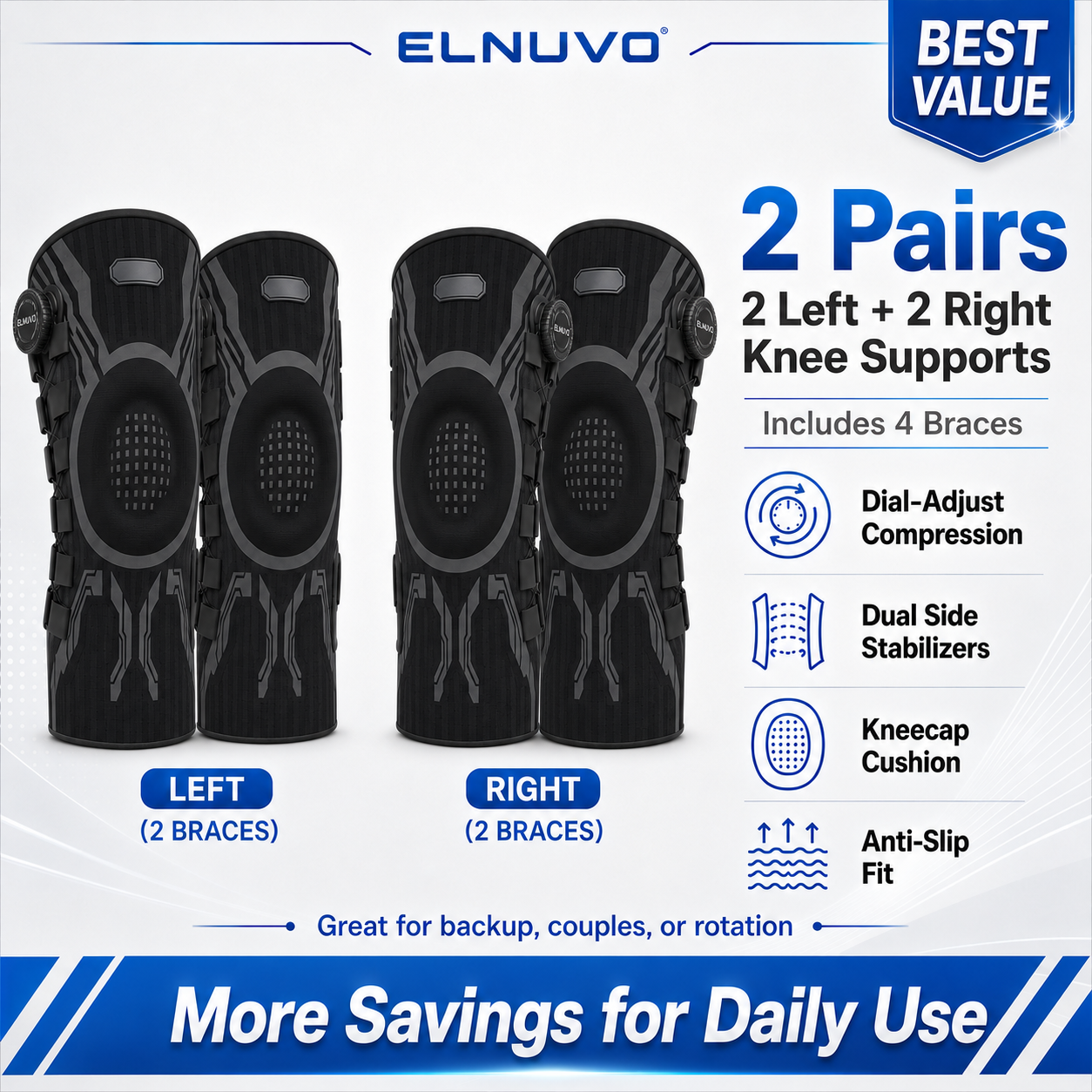 Pair of Aurenza Elnuvo Advanced Adjustable Sports Knee Support Braces in white, designed for multi-function knee stabilization.