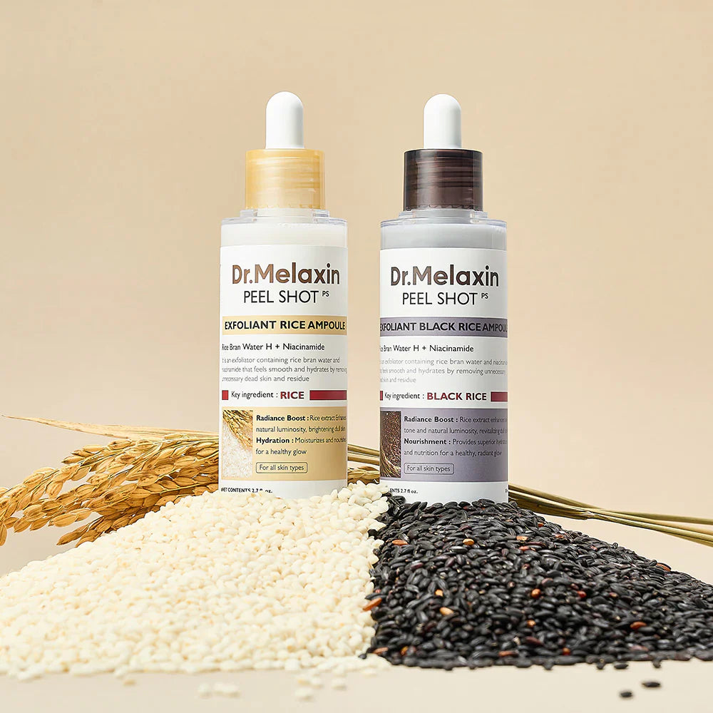 Aurenza Shop Rice Peel Shot Glow exfoliating serum bottle with white rice peel ingredients and clear packaging.