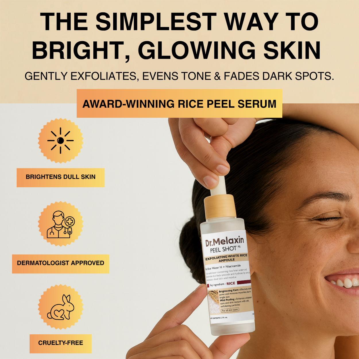 Aurenza Shop Rice Peel Shot Glow exfoliating serum bottle with white label and dropper, designed for skin brightening and exfoliation.
