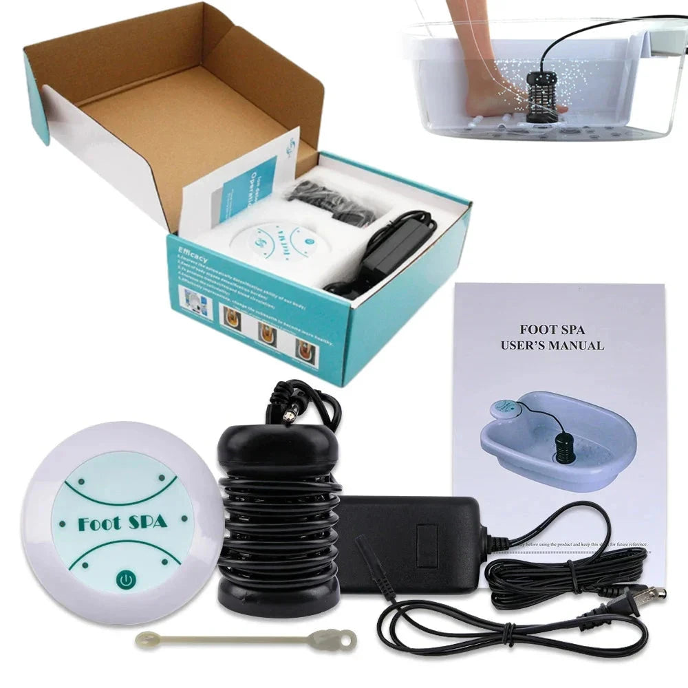 Aurenza Ionic Foot Spa Machine for relaxing massage and pedicure, featuring a sleek design and EU plug for home use.
