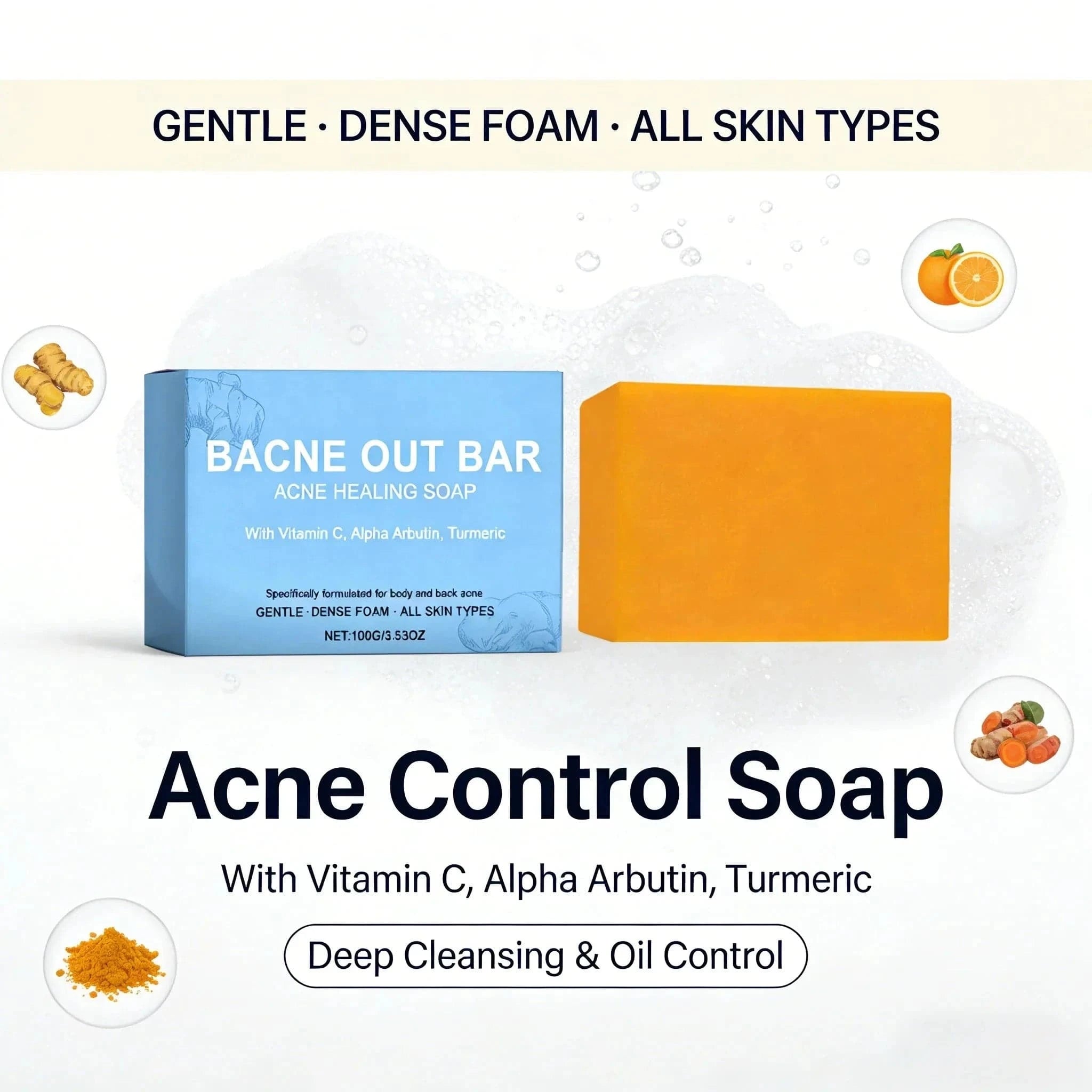 Aurenza Shop Bacne Out Bar Acne Control Soap displayed with the soap bar in a natural setting, highlighting its packaging and product texture.