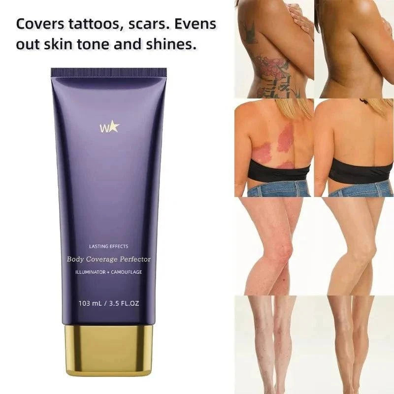 Aureza Shop Waterproof Body Concealer covering scars, spots, varicose veins, and tattoos on legs and body with natural blending.