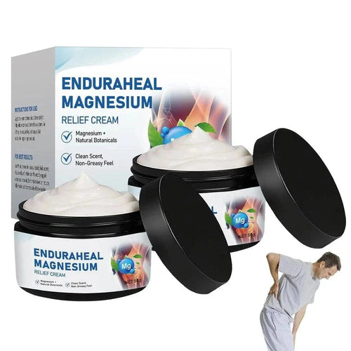 Two bottles of Aurenza Shop Timilk EnduraHeal Magnesium Relief Cream for joint and bone pain relief, shown in the image.