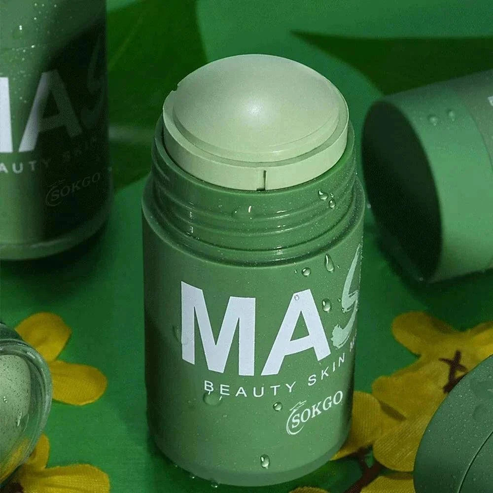 Green Tea Purifying Clay Face Mask by Aurenza Shop, oil control and blackhead removal, with a jar of the mask and a spoon.
