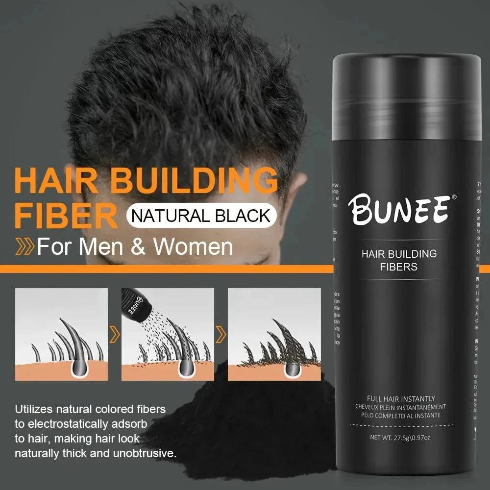 Aurenza Shop BUNEE Hair Fibers 27.5g natural thickening powder for thinning hair, shown in a container with hair fibers.