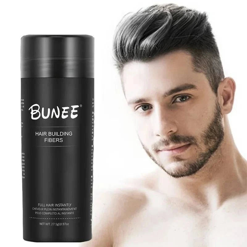 Aurenza Shop BUNEE Hair Fibers 27.5g natural thickening powder for thinning hair, showing the fibers and packaging.