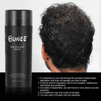 BUNEE Hair Fibers by Aurenza Shop, 27.5g natural thickening powder for thinning hair, showing the product container and fibers.