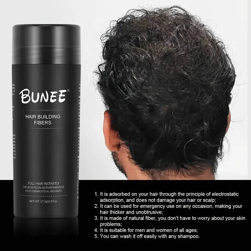 BUNEE Hair Fibers by Aurenza Shop, 27.5g natural thickening powder for thinning hair, showing the product container and fibers.