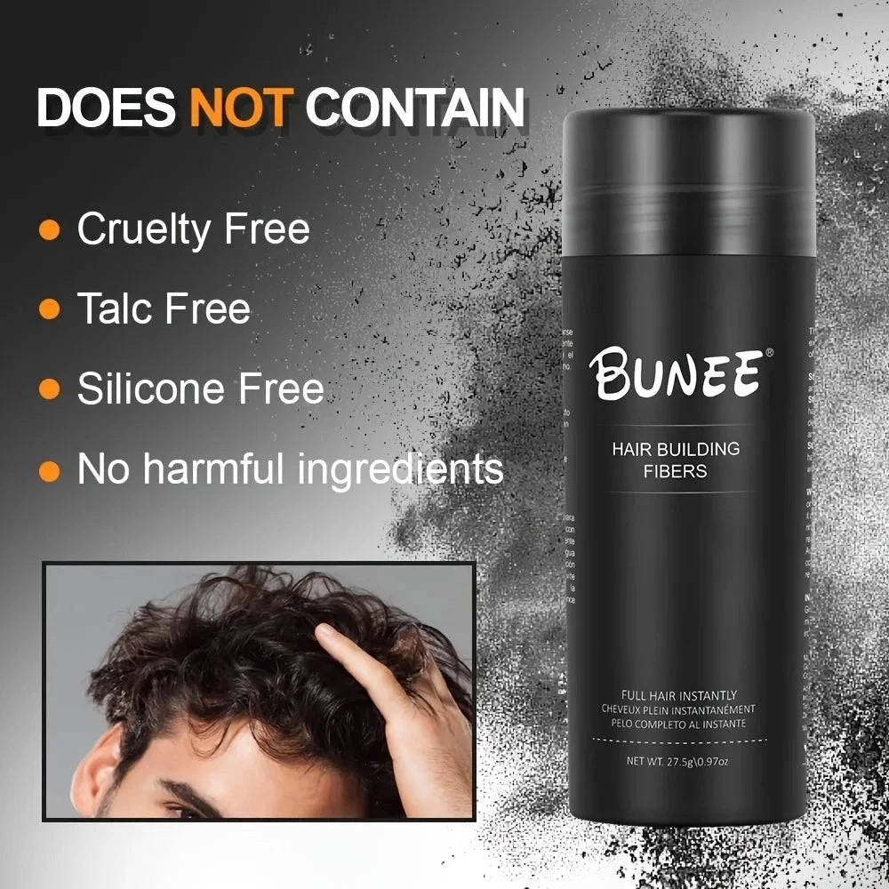 Aurenza Shop BUNEE Hair Fibers 27.5g natural thickening powder for thinning hair, showing the fiber application on hair.