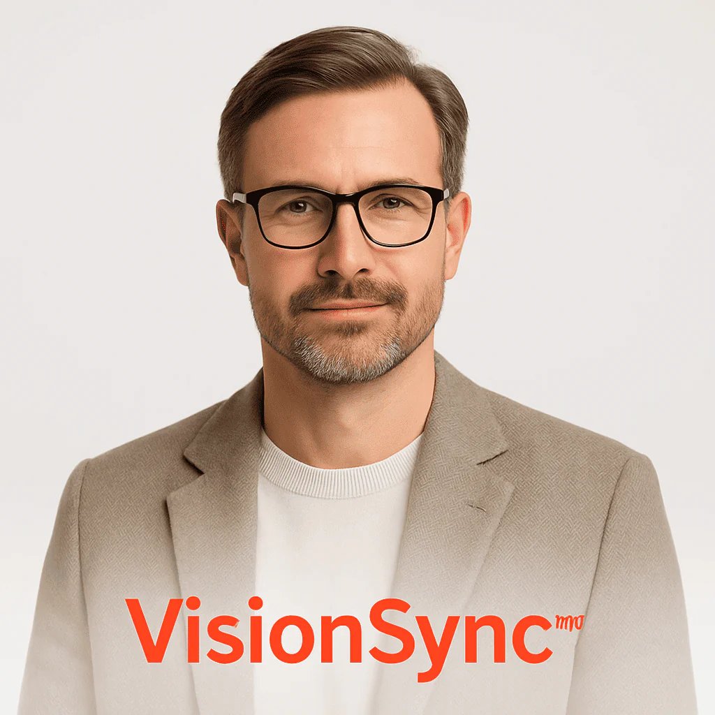 A pair of VisionSync multifocal glasses with clear lenses and stylish black frames, designed for versatile vision correction.