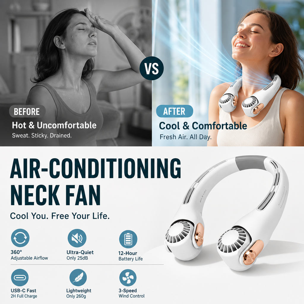 🥳2026 HOT SALE🥳💨 50% OFF!🍃 Neck Air Conditioner Fan – Ultra‑quiet, 360° rotating, 3 speeds. Hands‑free cooling, long battery. Summer essential! 😎🌬️