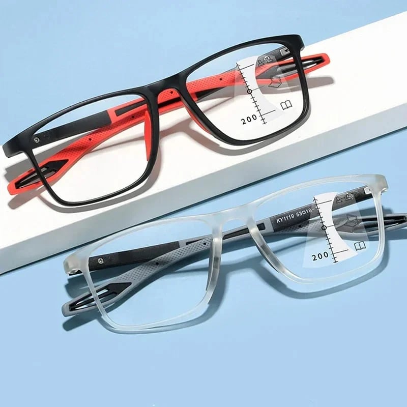 A pair of VisionSync Multifocal Glasses with clear lenses and dark frames, designed for everyday vision correction.