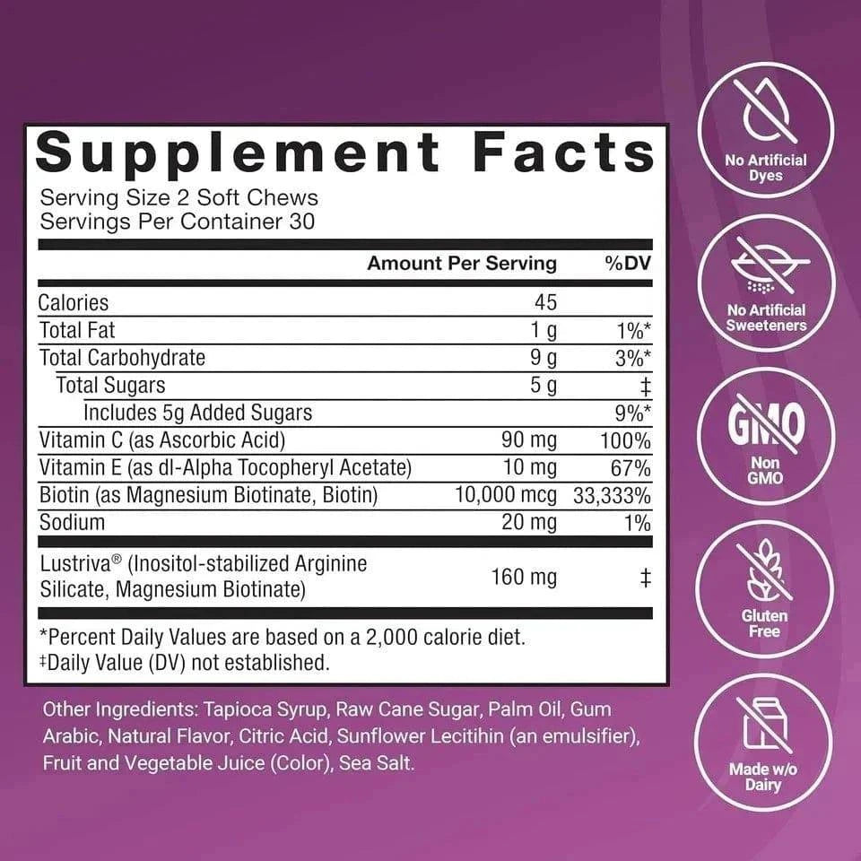 Aurenza Shop Force Factor Hair Growth Accelerator soft chews for women, hair growth vitamins in a clear container with colorful packaging.
