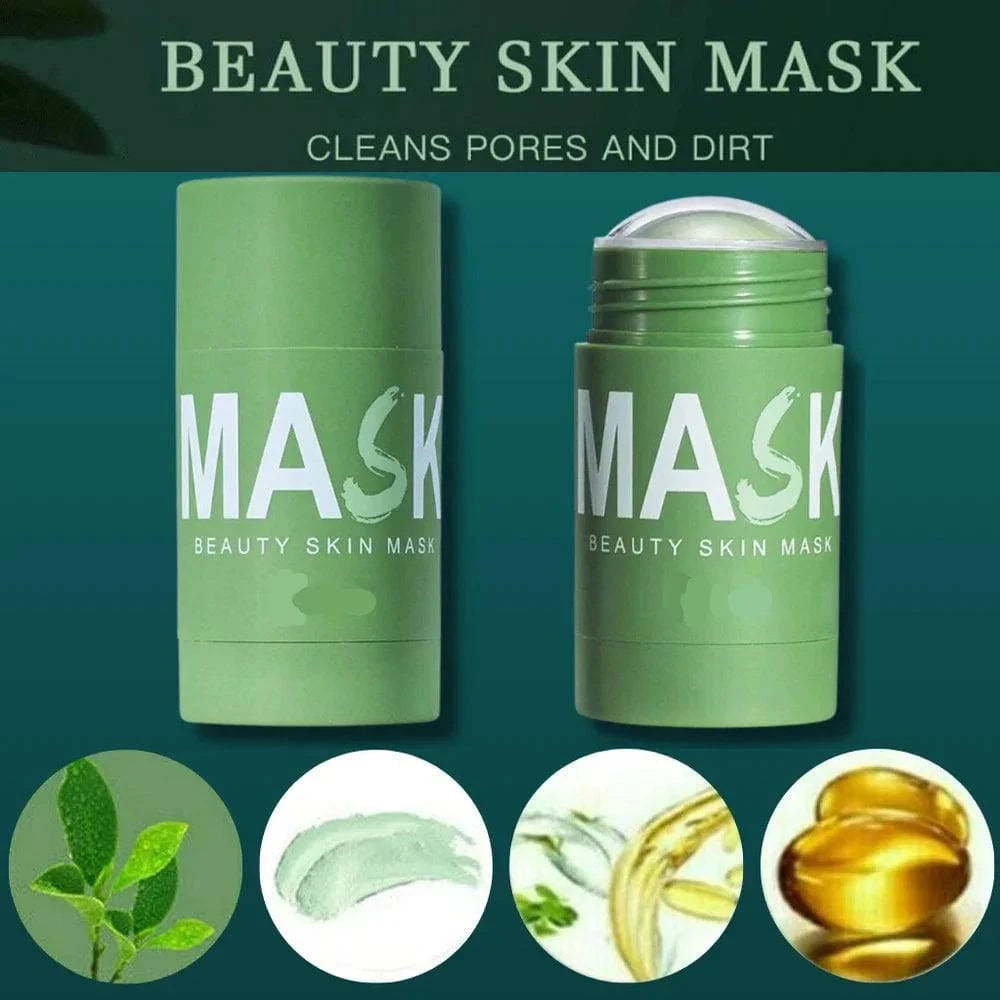 Green clay face mask stick by Aurenza Shop for deep cleansing, blackhead removal, and facial purifying treatment.