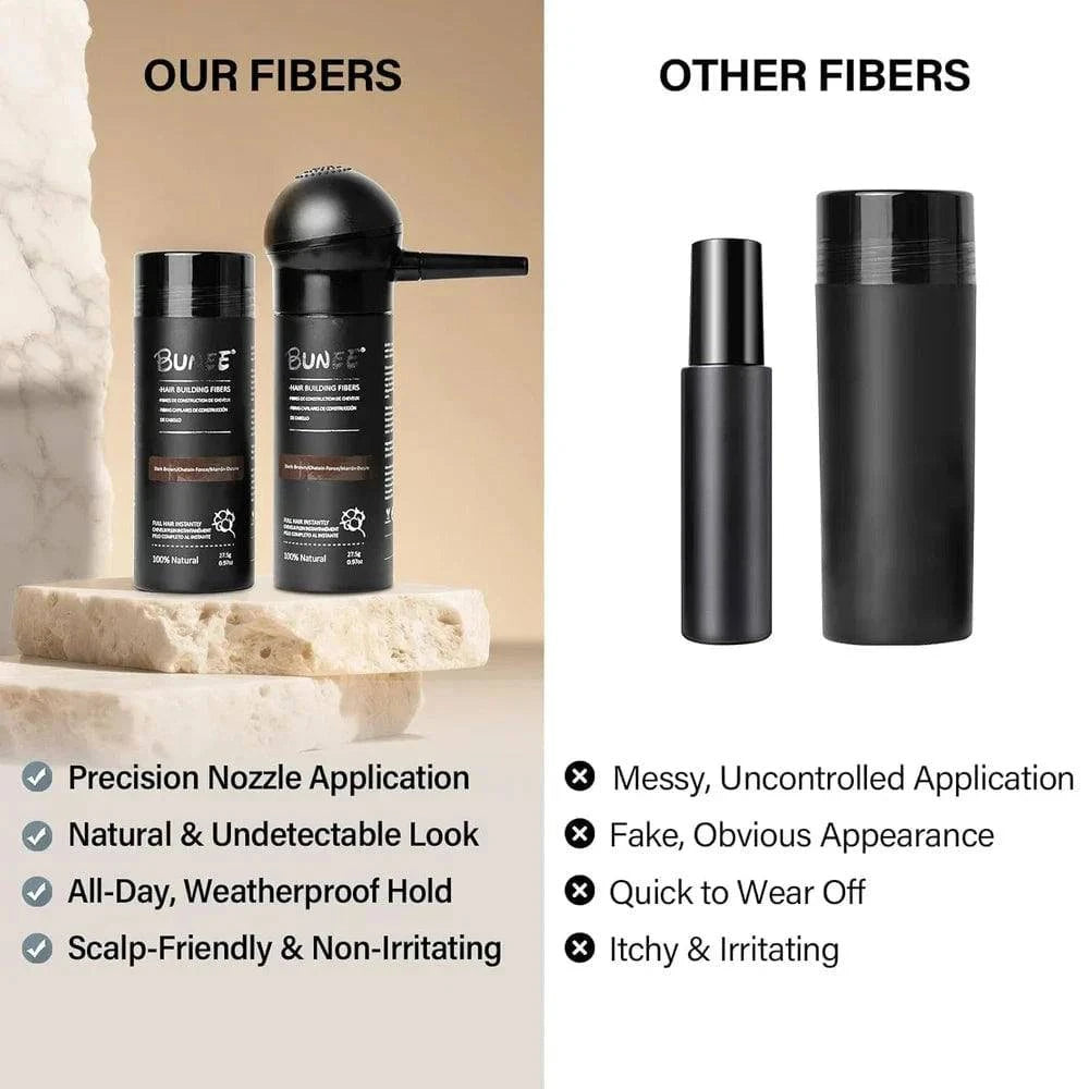Aurenza Shop Hair Building Fibers for thinning hair, 2-in-1 kit for men and women, showing fibers and application tools.