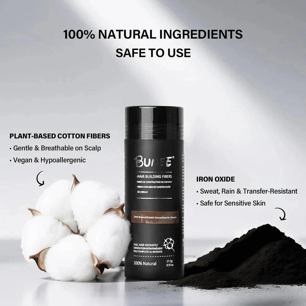 Aurenza Shop hair building fibers for thinning hair, 2-in-1 kit for men and women, showing fibers and application tools.