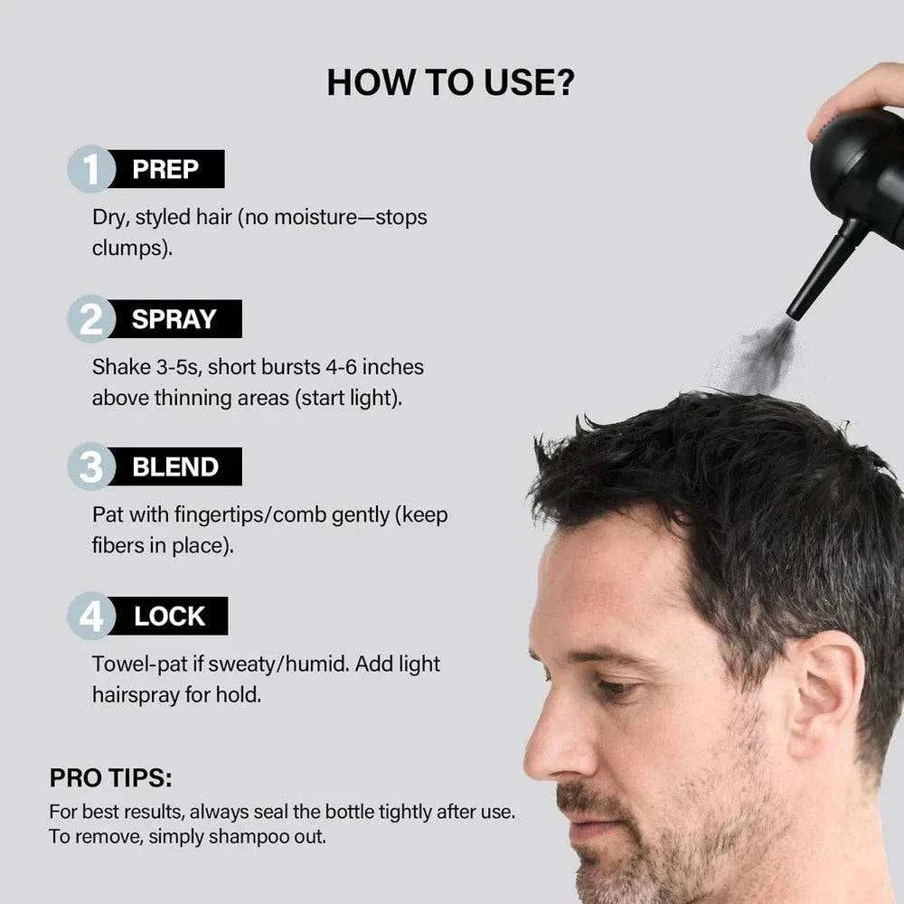 Aurenza Shop hair building fibers kit for thinning hair, showing fibers and applicator for men and women.