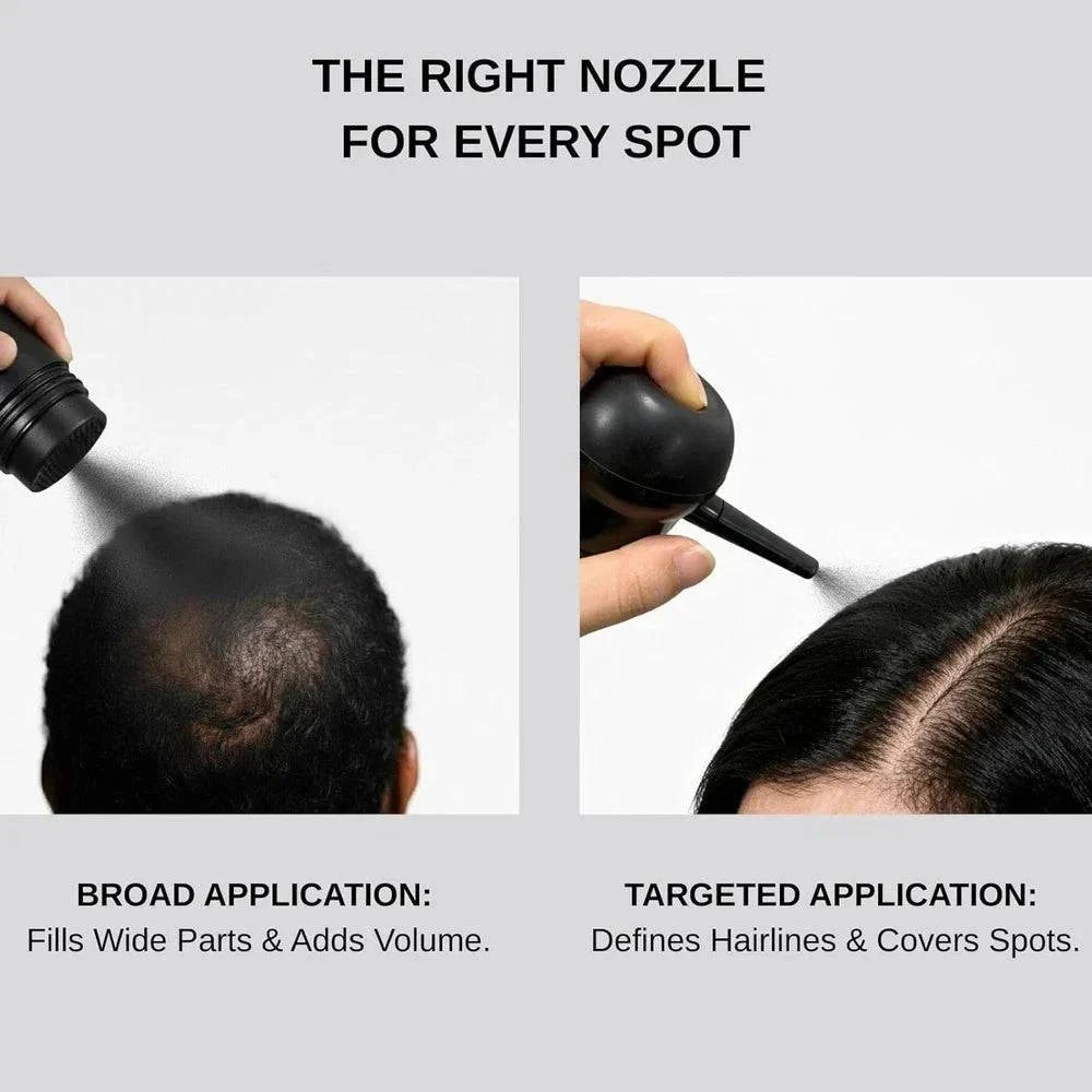 Aurenza Shop hair building fibers kit for thinning hair, showing natural fibers for men and women in a 2-in-1 hair enhancement kit.