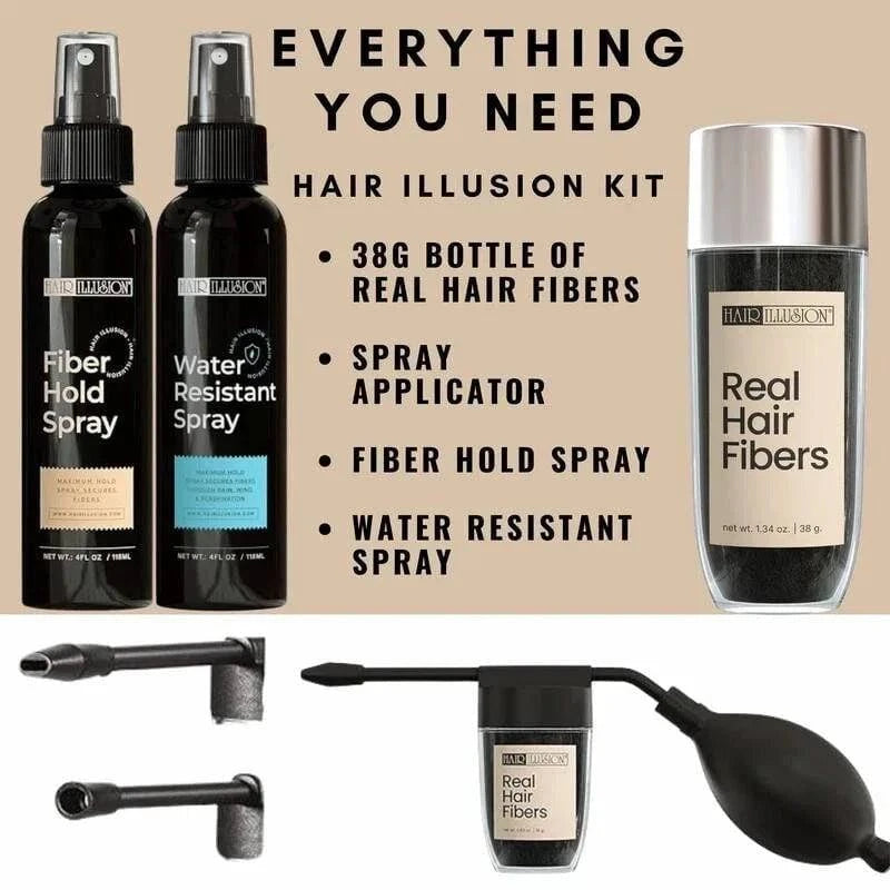 Aurenza Shop Hair Illusion 100% real hair fibers combo with fibers, hold spray, water spray, and application tools for hair coverage.