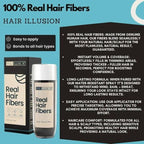 Aurenza Shop Hair Illusion 100% real hair fibers combo with fibers, hold spray, water spray, and application tools displayed.