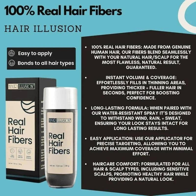 Aurenza Shop Hair Illusion 100% real hair fibers combo with fibers, hold spray, water spray, and application tools displayed.