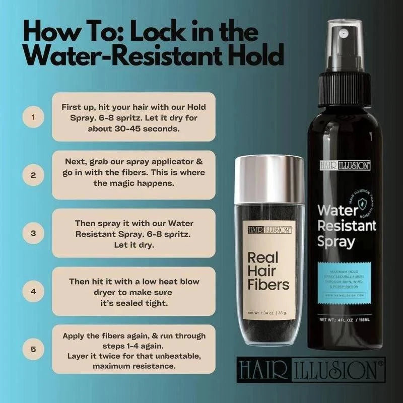 Aurenza Shop Hair Illusion 100% real hair fibers combo with fibers, hold spray, water spray, and applicator for natural hair concealment.