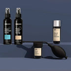Aurenza Shop Hair Illusion 100% real hair fibers combo with fibers, hold spray, water spray, and application tool for hair thinning.