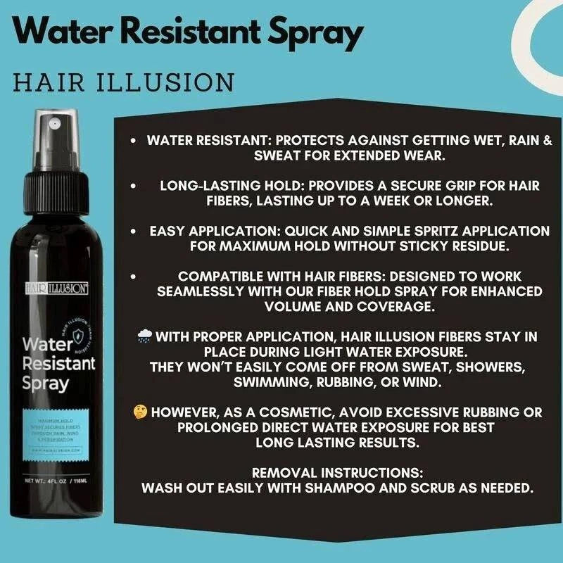 Aurenza Shop Hair Illusion 100% real hair fibers combo with fibers, hold spray, water spray, and application tools for hair thickening.