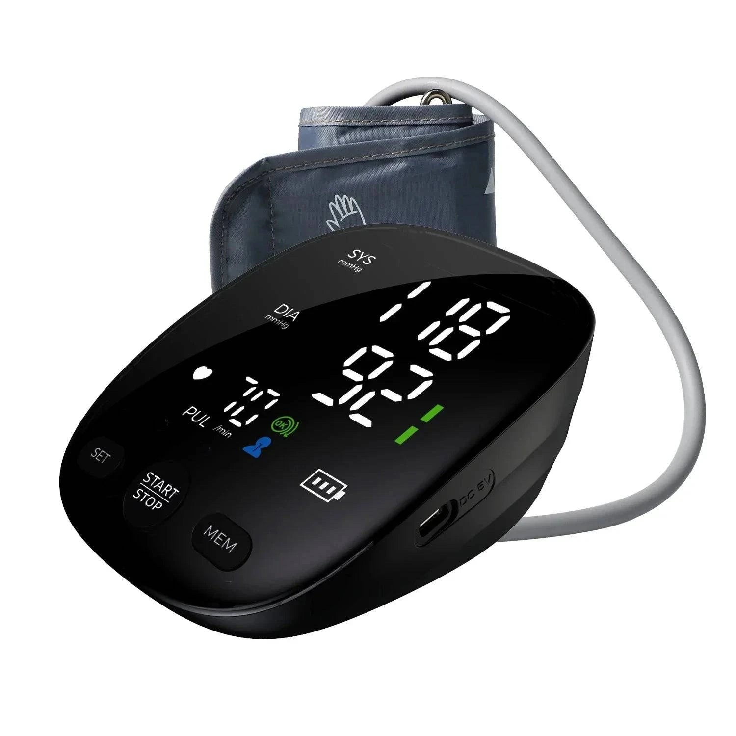 Aureza Shop Kingclinic digital arm blood pressure monitor with LED display, portable electronic design for accurate home BP readings.