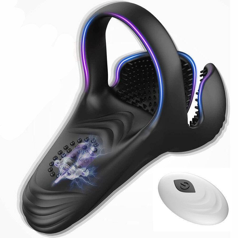 Black men's silicone ring electric massager with remote control, designed by Aurenza Shop for resonance and relaxation.