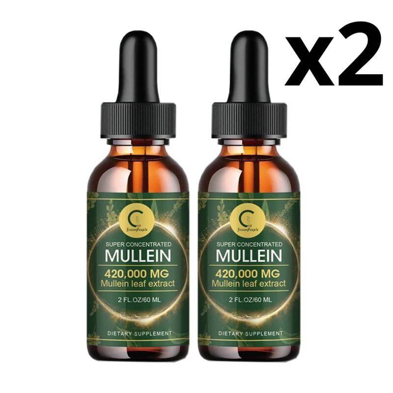 Two bottles of Aurenza Shop Mullein Drops for lung cleanse and immune support, showing the product bottles and label.