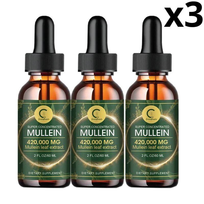 Three bottles of Aurenza Shop Mullein Drops for lung cleansing and immune boost, with fast respiratory relief, on a white background.