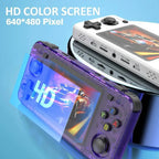 A retro handheld game console in horizontal design with 64GB storage, 3.5-inch screen, open-source, portable, for boys.