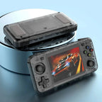 A handheld retro-style game console with a 3.5-inch screen, 64GB storage, open source software, designed for portable gaming.