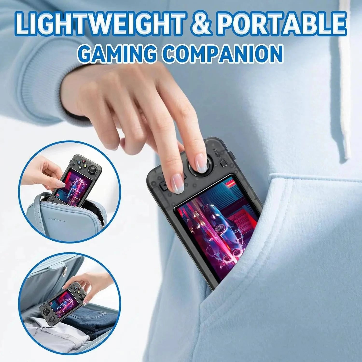 A handheld R36H game console by Aurenza with a 3.5-inch screen, open source, 64GB storage, designed for portable gaming.