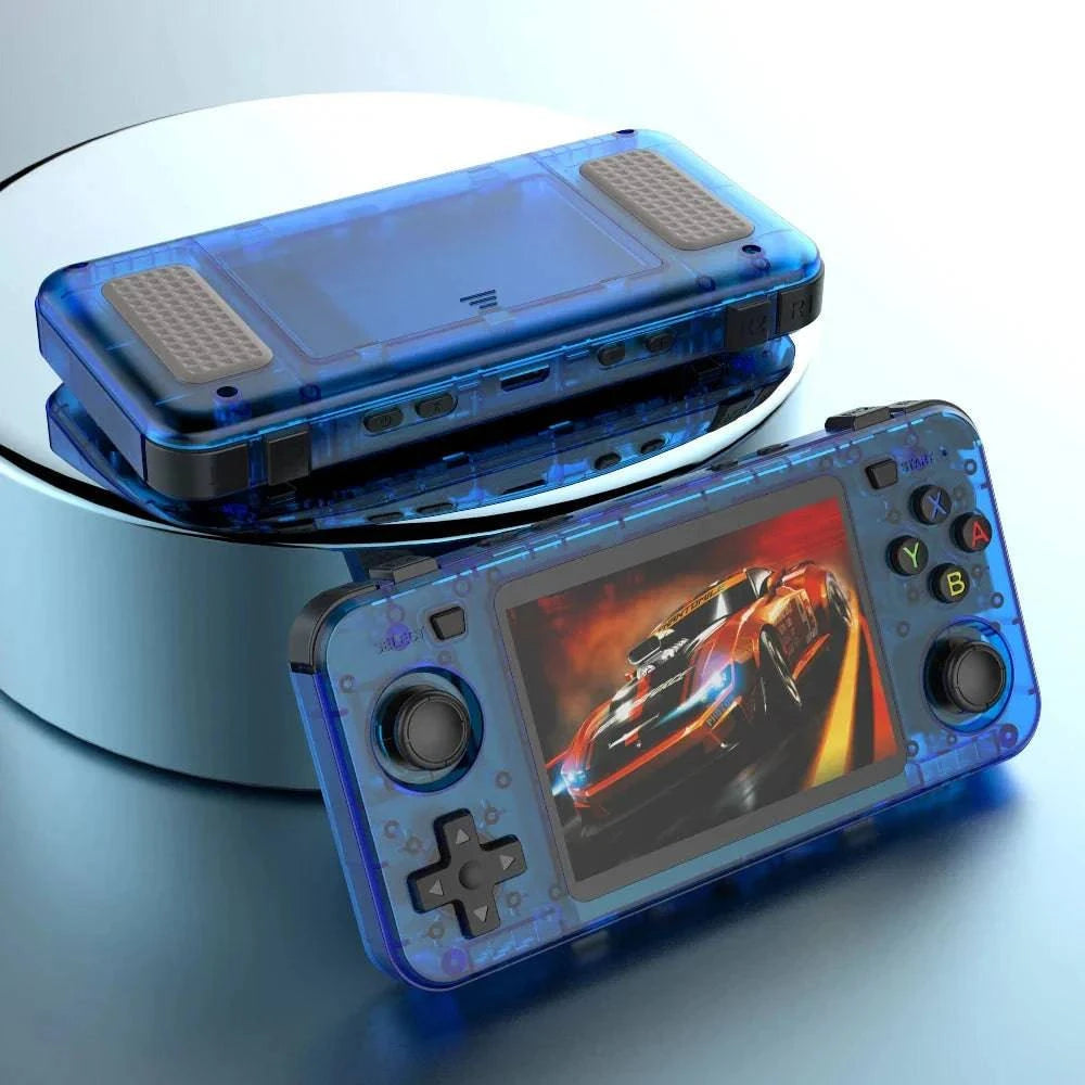 Blue R36H handheld game console by Aurenza Shop, open-source, 3.5-inch screen, 64GB storage, portable retro video player.