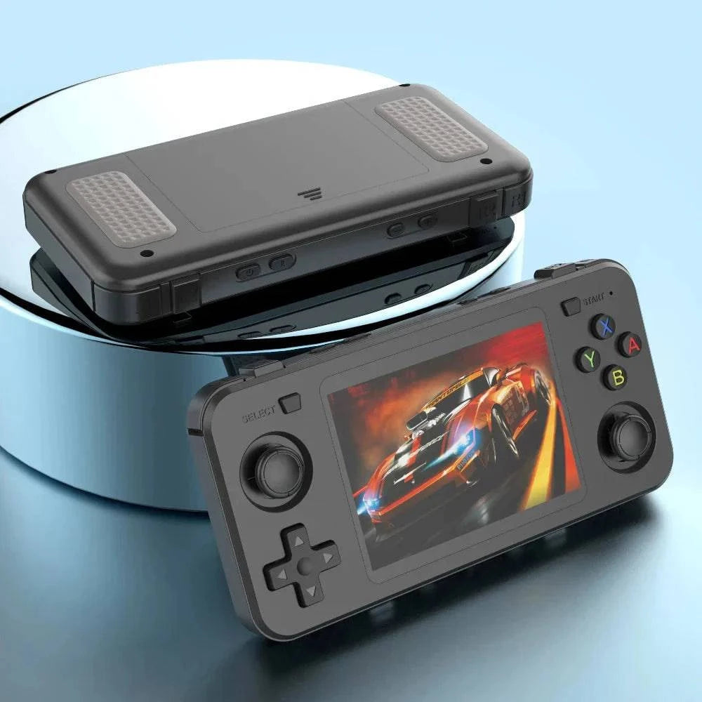 Aurenza R36H game console in deep black, 3.5-inch screen, open source handheld with 64GB storage and classic retro design.