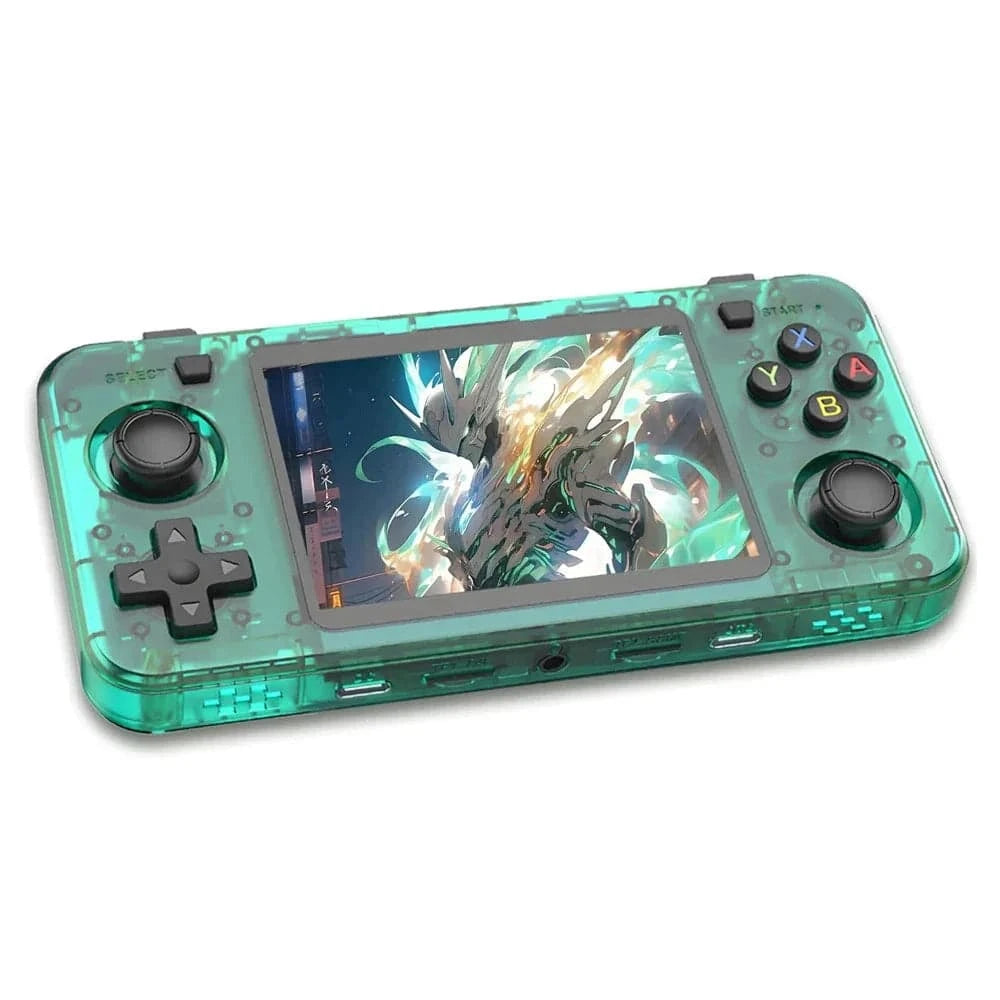 A green R36H R36S handheld retro gaming console with 64GB storage and 3.5-inch screen, open source portable video player.