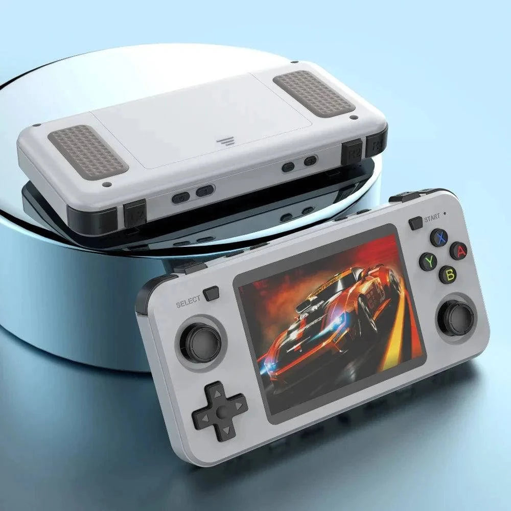 Grey R36H handheld game console by Aurenza Shop with 3.5-inch screen, 64GB storage, retro design, portable video player for boys