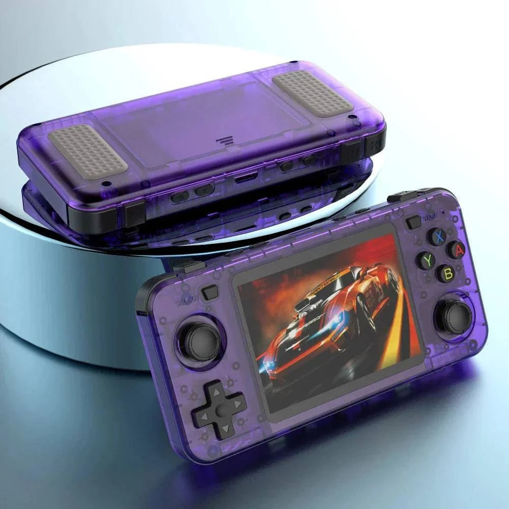 Purple R36H R36S handheld game console with 3.5-inch screen, 64GB storage, open-source portable video player for boys.