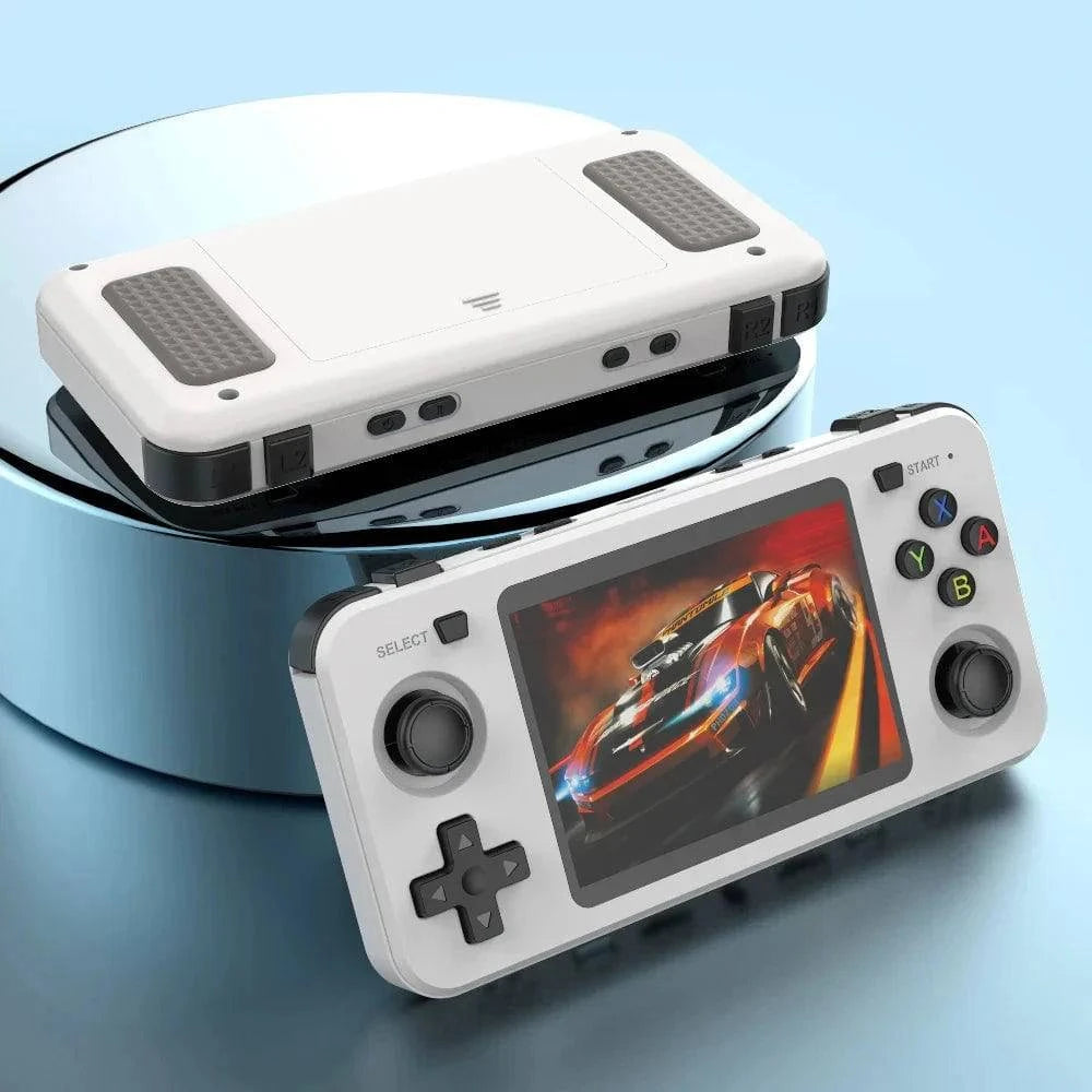 A white R36H R36S handheld game console with 3.5-inch screen, open source, 64GB storage, designed for portable gaming.