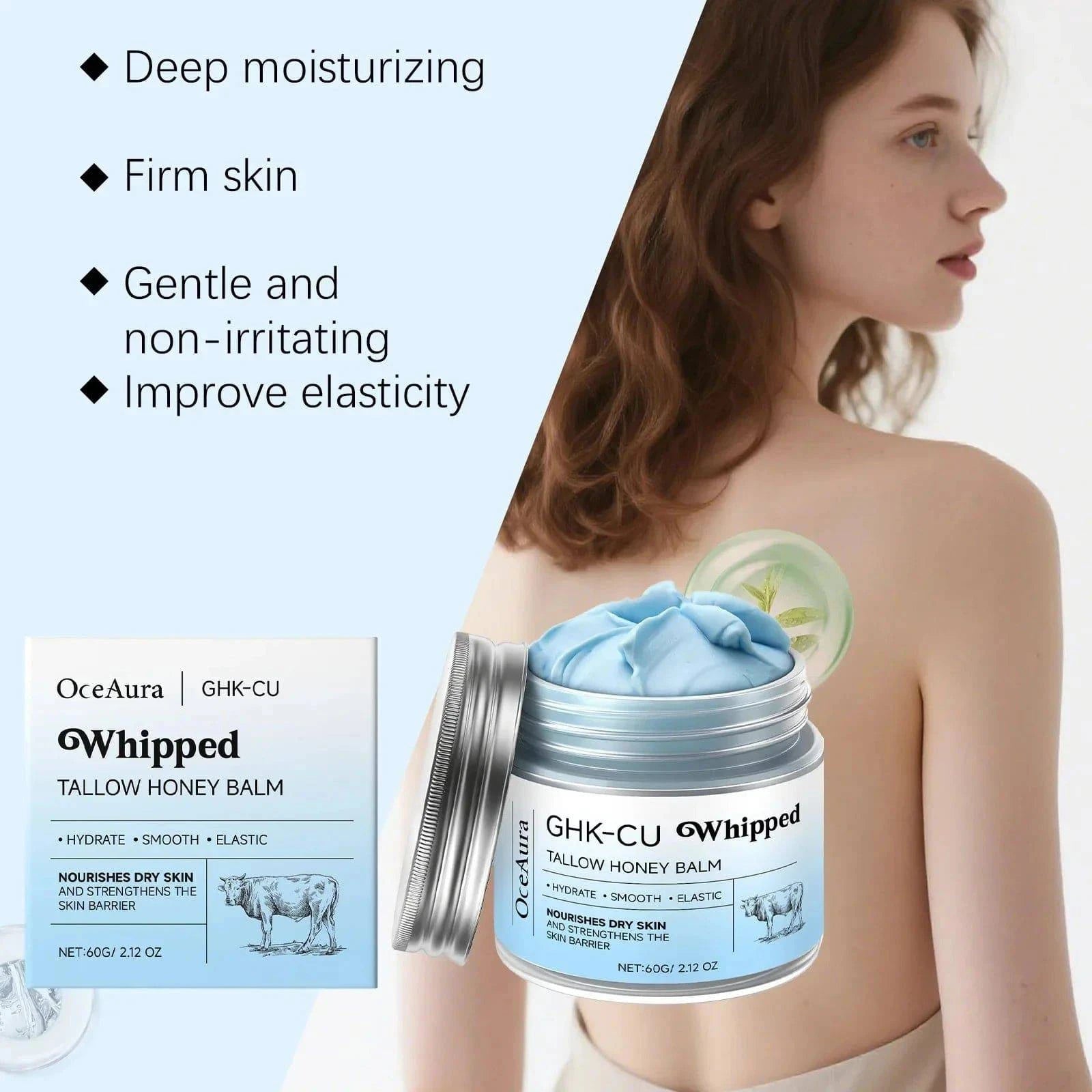 Blue balm with copper peptides GHK-Cu, Manuka honey, and tallow for nourishing and hydrating mature, dry, and sensitive skin.